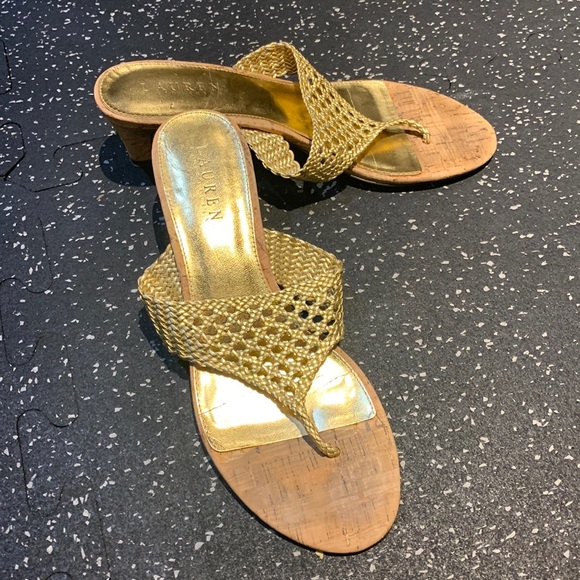 Gold mesh, cork sole Lauren by Ralph Lauren 1” heels. - Picture 1 of 1
